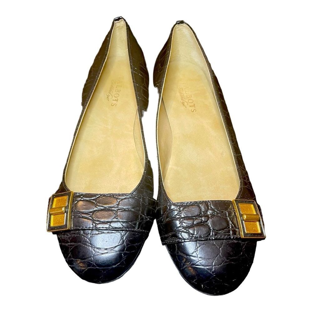 Talbots Croc-Embossed Leather Ballet Flats | Gold Buckle Detail | Size 8.5 | Qui